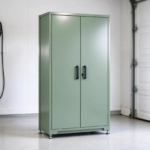 Sage green steel garage cabinet with closed doors