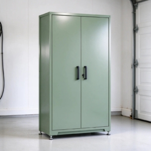 Sage green steel garage cabinet with closed doors