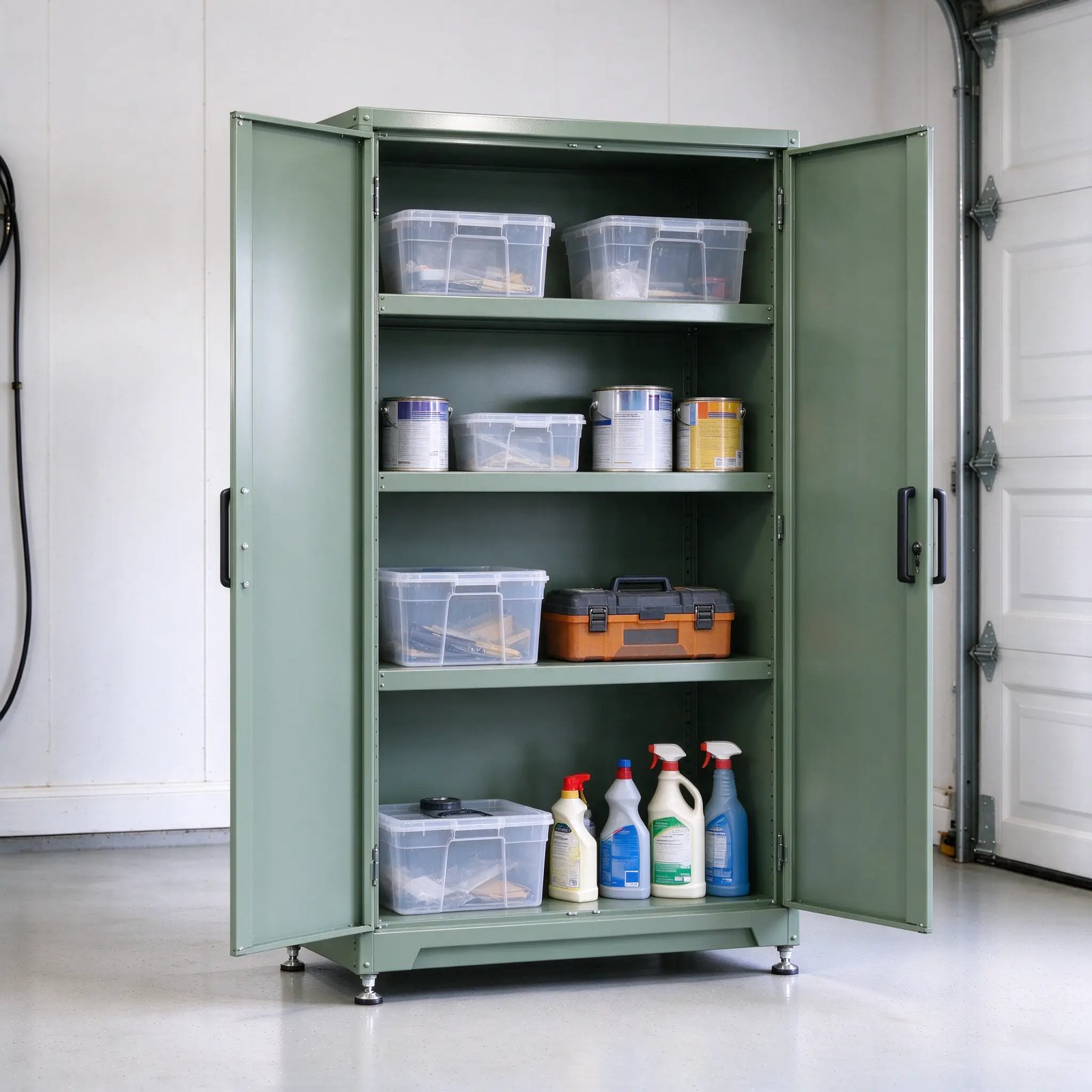 Sage green steel garage cabinet open with bins and paint cans