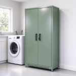 Sage green steel cabinet in a laundry and utility room