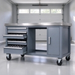 Workbench drawers open showing sockets and hand tools