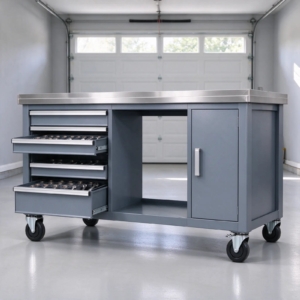 Workbench drawers open showing sockets and hand tools