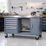 Mobile workbench rolled into a home workshop