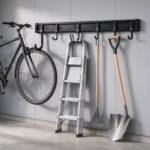 Black steel wall rail holding a bike, ladder, rake and shovel