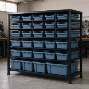 Black steel bin rack with 29 slate blue storage bins in a garage