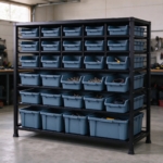 Bins on the rack filled with screws, cable ties and tools