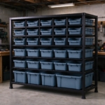 Bin rack in a basement hobby workshop