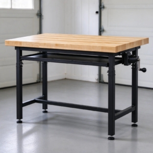 Adjustable-height workbench with maple butcher-block top in a garage