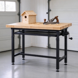 Maple workbench raised to standing height with a woodworking project