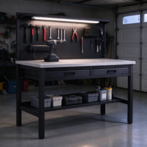 Workbench used as a repair station with drill charging