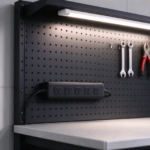 Built-in power strip on the black pegboard