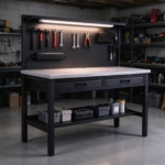 Steel workbench with LED light in a basement workshop