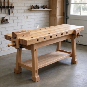 Solid beech carpenter's workbench with vises in a garage workshop