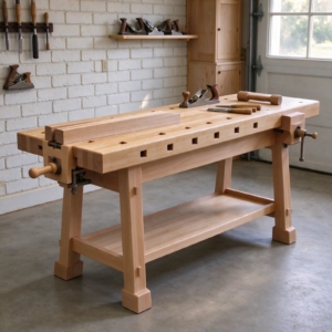 Board clamped in the front vise with a hand plane on the beech top
