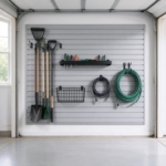 Light gray PVC slatwall panels with hooks holding tools in a garage