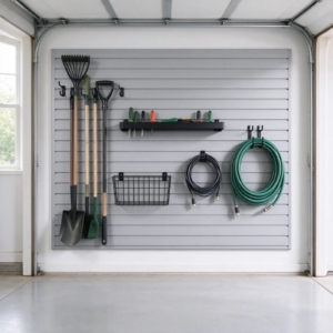 Light gray PVC slatwall panels with hooks holding tools in a garage
