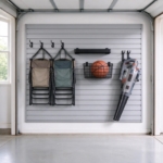 Slatwall organized with sports gear and a leaf blower