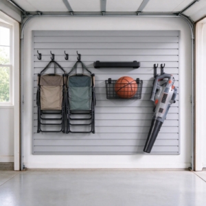 Slatwall organized with sports gear and a leaf blower