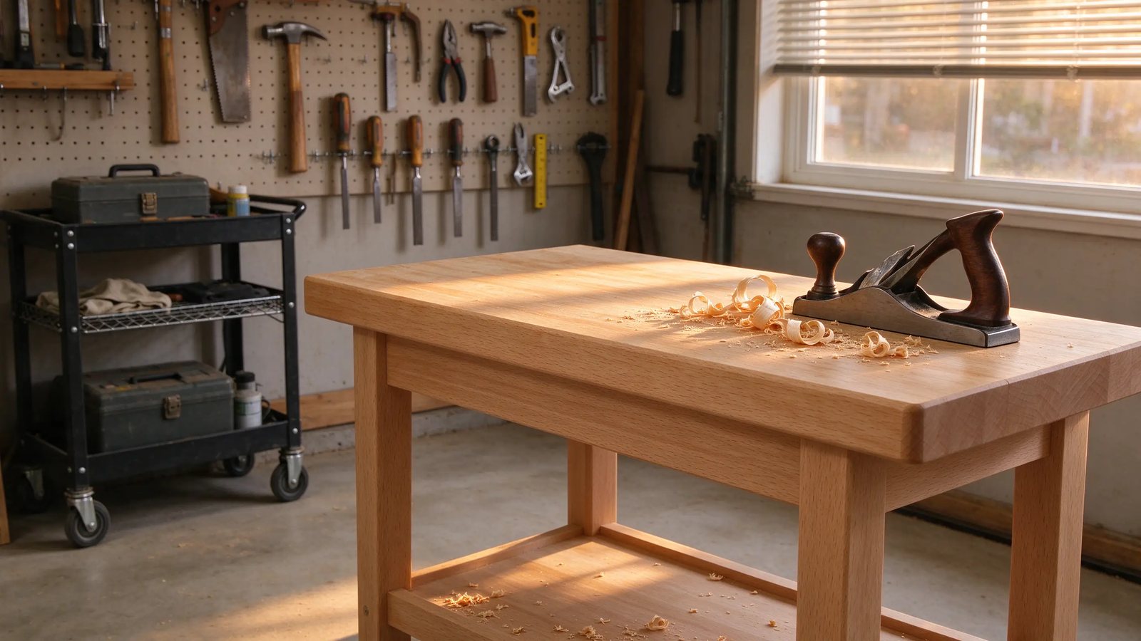 Solid beech workbench with a hand plane in a garage woodworking corner