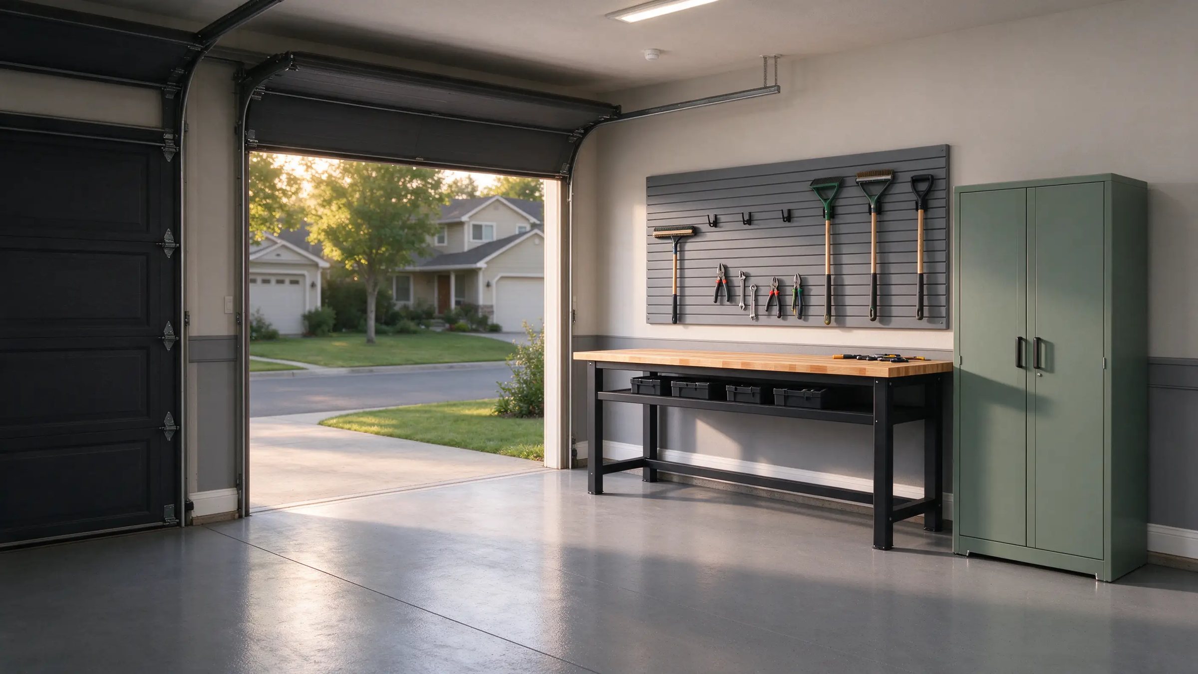 Organized garage with gray slatwall, sage green steel cabinet and a maple workbench